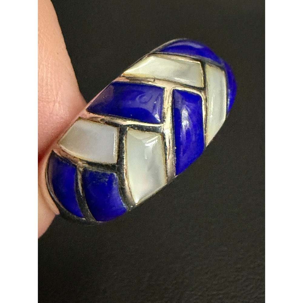 Sterling Silver Ring Blue Lapis Mother of Pearl MOP Inlay 925 Signed S&G